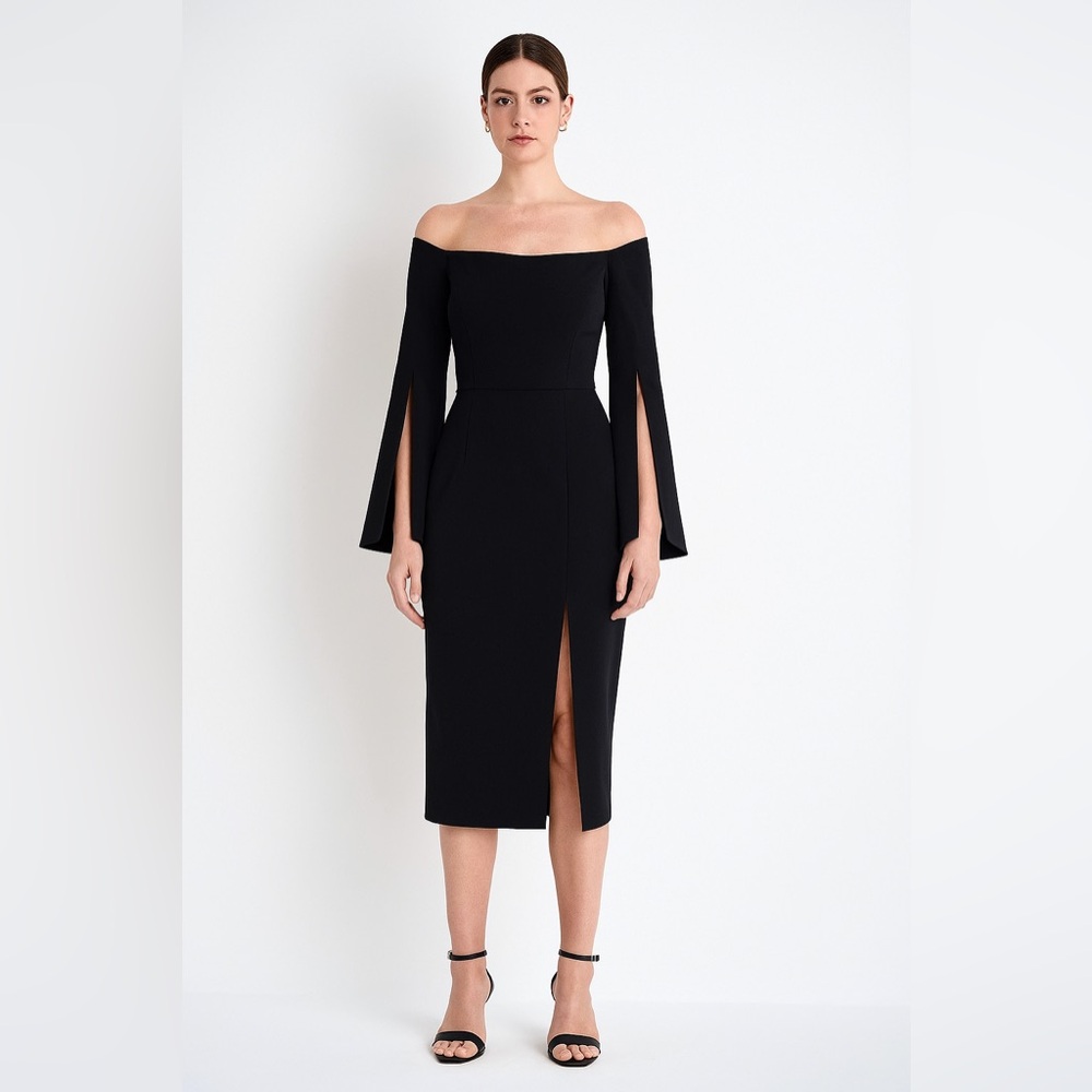 New! Milly Black Off the Shoulder Flare Sleeve MIDI Dress in Black Sz 6
